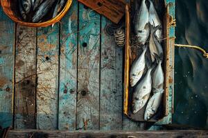 A wooden boat with fish in it background photo