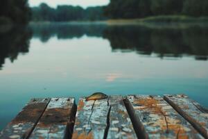 A small fish sits on a wooden dock near a lake background photo