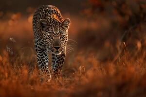 A leopard walking through tall grass in the sun background photo