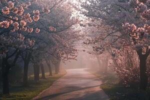 Path Lined with Cherry Trees in the Fog Background photo