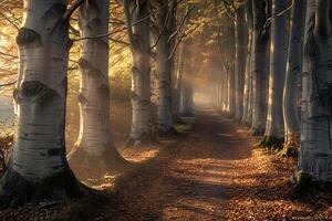 Path Lined with Trees and a Road in the Woods Background photo