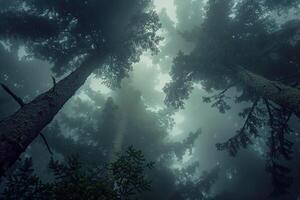 View of Tall Trees in a Foggy Forest Background photo