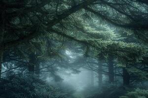 Path Through a Dark Forest with Trees and Fog Background photo