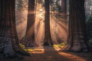 Sunlight shining through trees in forest background photo
