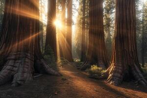 Path through forest with trees and sunbeams background photo