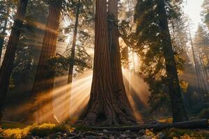 Sunlight shining through trees in forest background photo