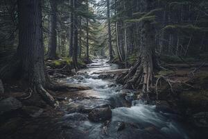 Stream Running Through a Forest with Trees Background photo