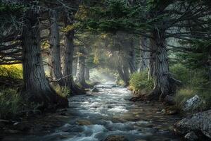 Stream Runs Through a Forest with Trees and Rocks Background photo