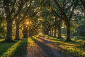 Pathway Lined with Trees and the Sun Shining Through Background photo