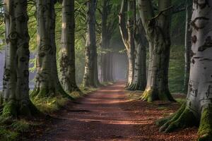 Path Through a Forest with Trees and Fog Background photo