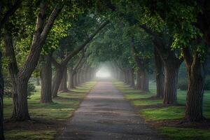 Pathway Lined with Trees and Light Coming from the Trees Background photo