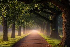 Path Lined with Trees and Grass Background photo