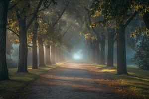 Path Lined with Trees and Light Shining through Background photo