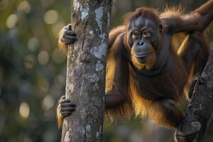 An Orangutan Is Hanging from a Tree Background photo