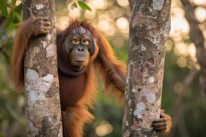 An Orangutan Is Standing on a Tree Background photo