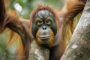 An Orangutan Is Sitting on a Tree Branch Background photo