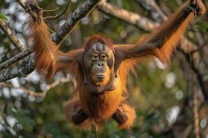 An Orangutan Hanging from a Tree Branch Background photo