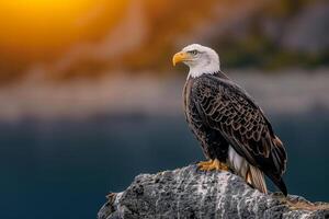 A Bald Eagle Sits on a Rock at Sunset Background photo
