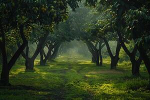 Path through forest with trees and grass background photo