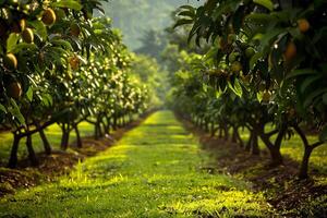 Row of trees with fruit on ground background photo