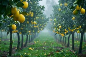 Row of lemon trees in field background photo