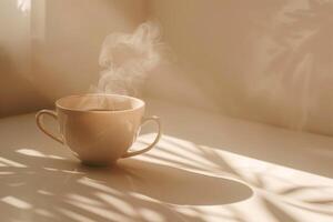 A cup of coffee on a table with steam coming out of it background photo