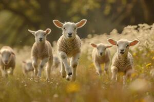 A group of sheep running through a field background photo