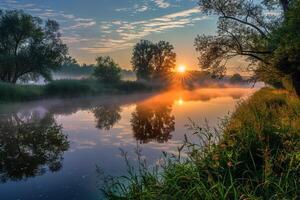 Sunrise over river in the morning background photo