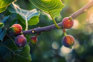 Figs on branch with sunlight shining through background photo