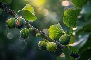 Figs on branch with sunlight shining through background photo