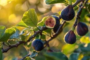 Figs on tree branch with sunlight shining through background photo