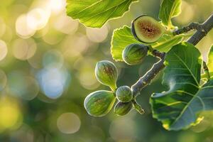Figs on tree branch with sunlight background photo