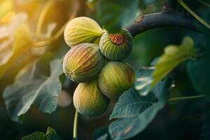 Figs on tree branch with sunlight background photo