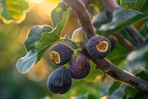 Figs on tree branch with sunlight shining through background photo