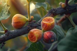 Figs on tree branch with sunlight shining through background photo