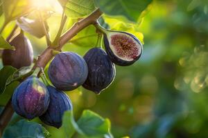 Figs on tree with sunlight shining through background photo