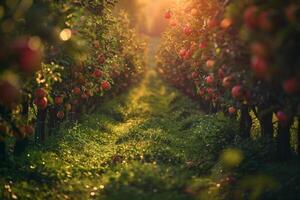 Apple orchard with rows of red apples background photo