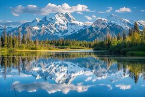 Mountains Reflected in a Lake with Trees and Grass Background photo