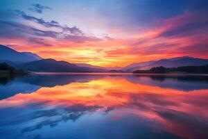 Beautiful Sunset over a Lake with Mountains in the Background photo