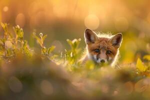 Fox Hiding in Grass at Sunset Background Nature photo
