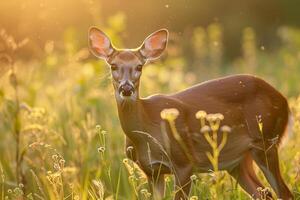 a deer is standing in a field with the sun shining, background photo