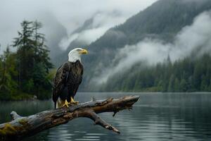 a bald eagle sits on a branch in front of a lake, background photo