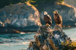 two bald eagles perched on a rock overlooking the ocean, background photo