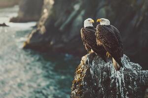 two bald eagles perched on a rock overlooking the ocean, background photo