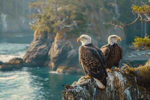 Two bald eagles perched on a rock overlooking the ocean background photo