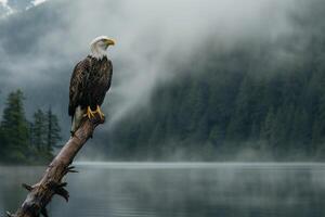 Bald eagle perched on a tree branch near a lake background photo