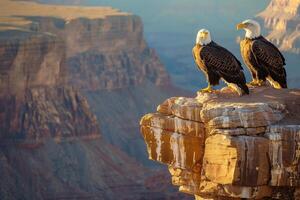 Two bald eagles perched on the edge of a cliff background photo