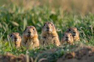 Group of Ground Squirrels Sitting in Grass Background photo