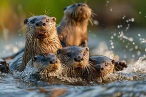Four Otters Swimming in Water Background photo