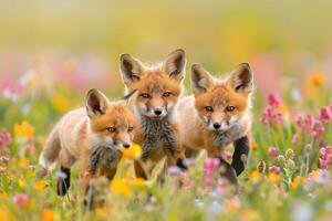 Three Foxes in a Field of Flowers Background photo